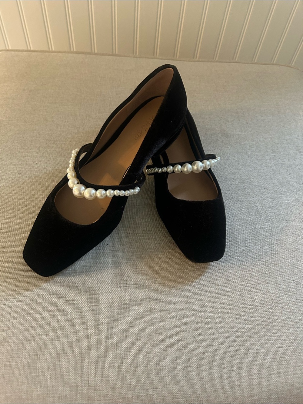 Black Pearl-Strap Velvet Mary Jane Flats